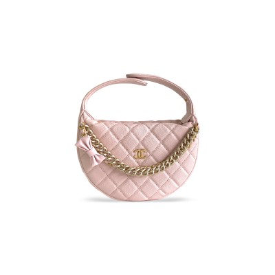 CHANEL SHINY CAVIAR QUILTED BOW POUCH HOBO LIGHT PINK 1470677 (19*13*4cm)